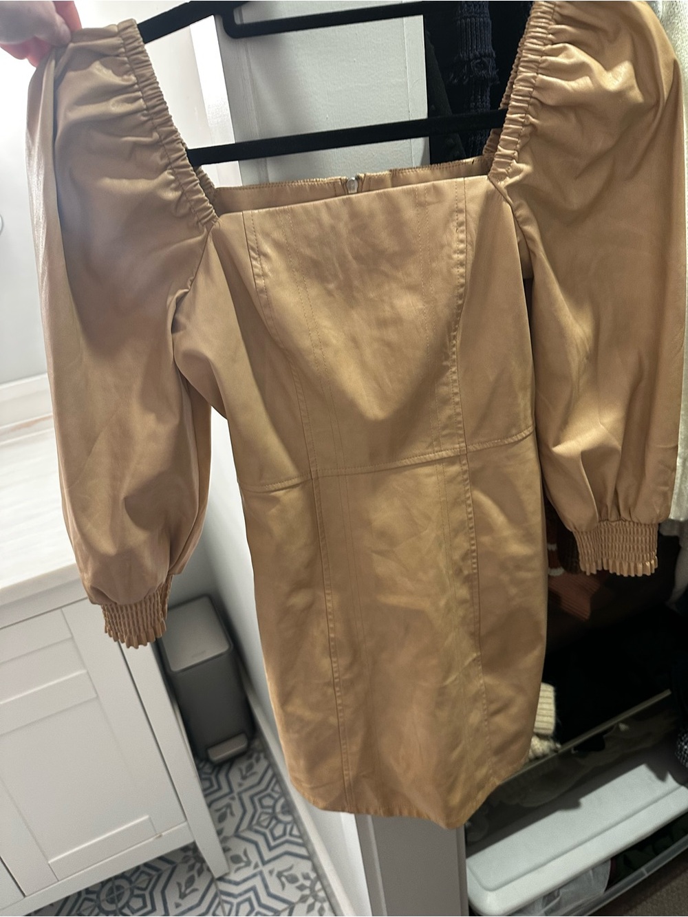 7 For All Mankind Camel Puff-Shoulder 3/4 Sleeve Square-Neck Mini Dress